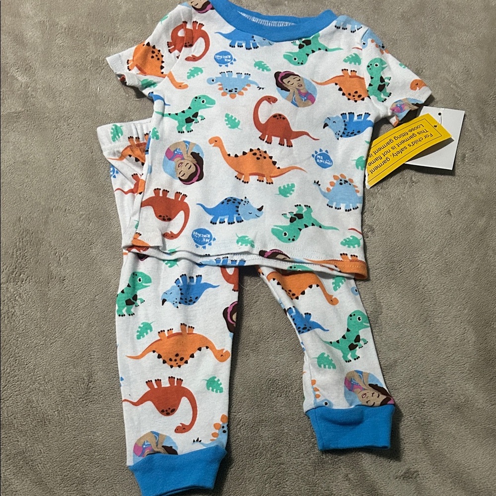 Kids White Dinosaur Print Pajama Set with Blue Trim